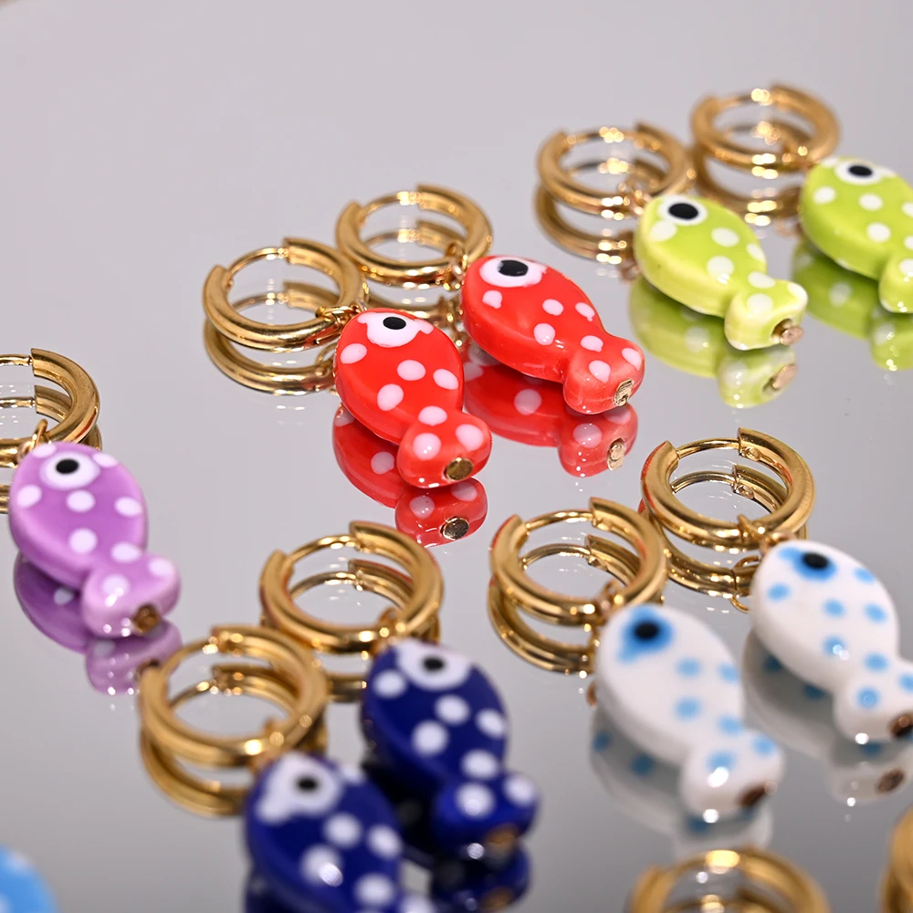 여성용 세라믹 물고기 펜던트, 황금 스테인레스 스틸 후프 귀걸이, 이어 버클 쥬얼리 액세서리, 패션