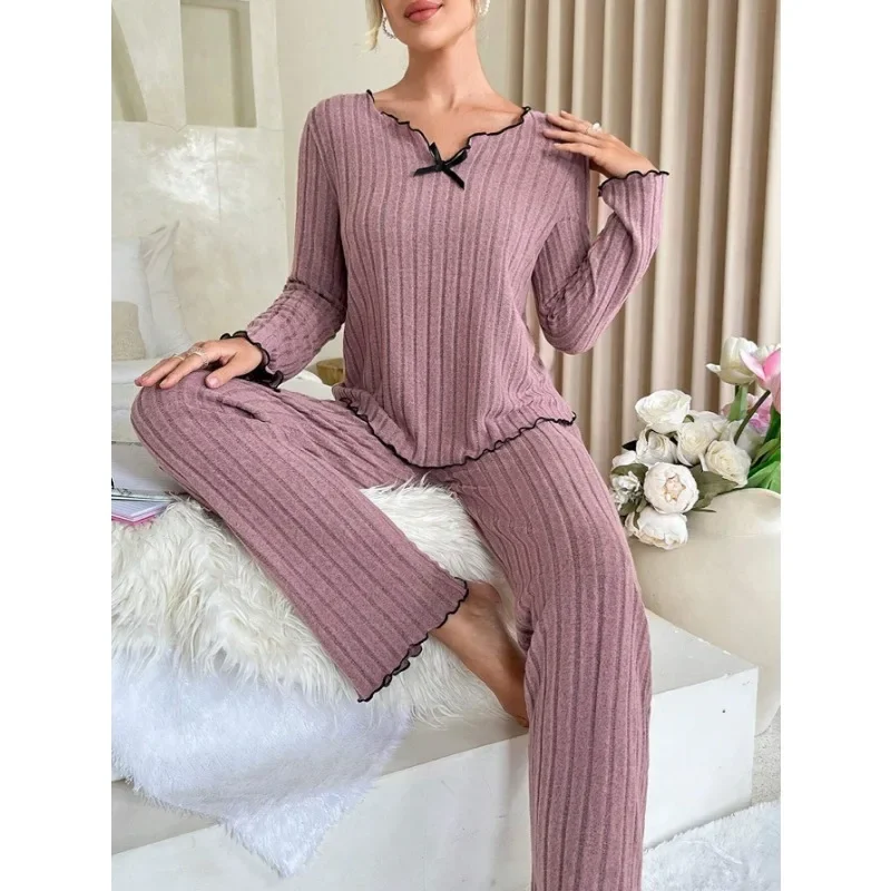 여성 가을 겨울 잠옷 늑골이있는 잠옷 세트 긴 소매 탑과 긴 바지 2 조각 세트 캐주얼 Homewear Loungewear