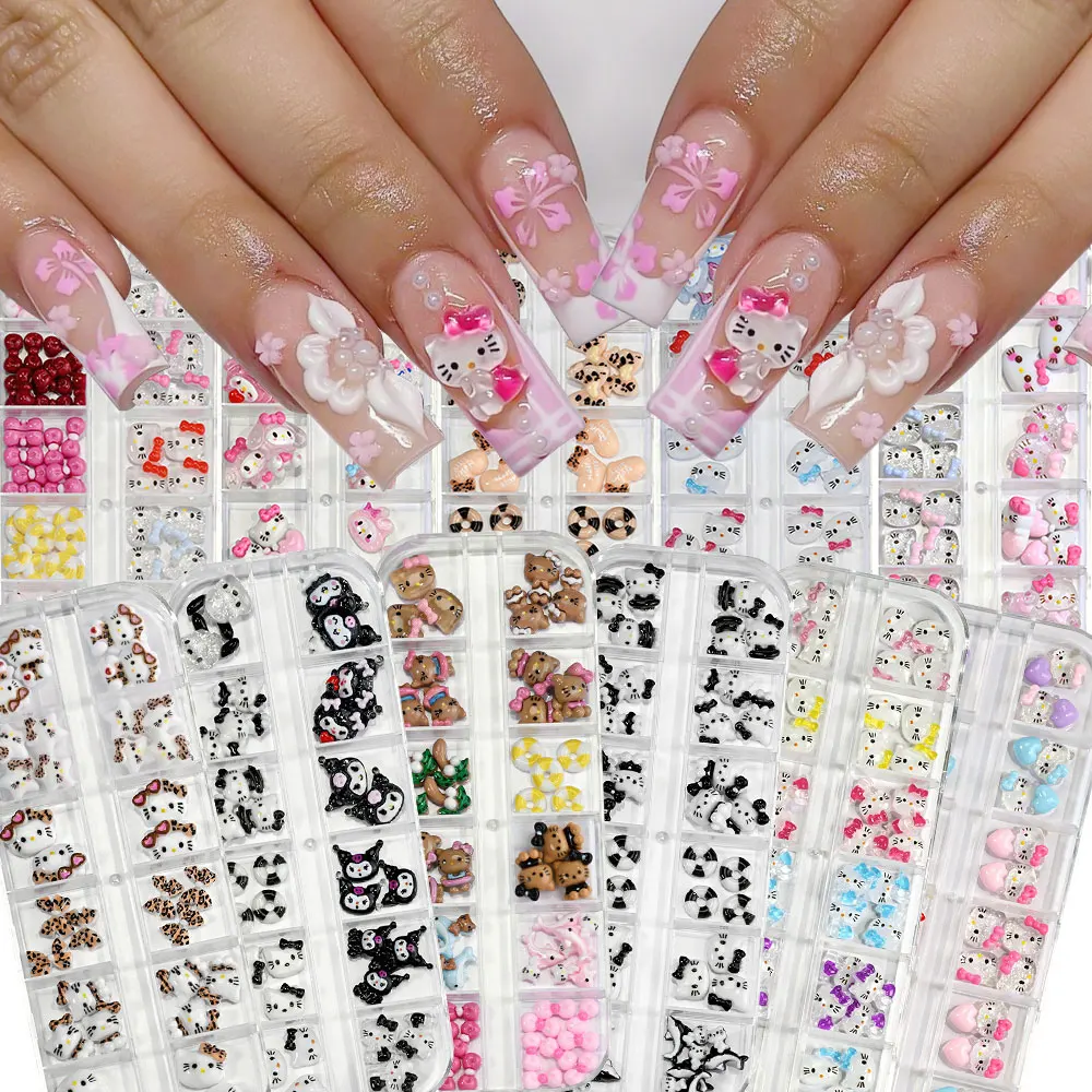12 그리드 여름 검은 피부 헬로 키티 네일 매력 3D 핑크 리본 헬로 키티 네일 아트 라인 석 귀여운 만화 DIY 네일 액세서리