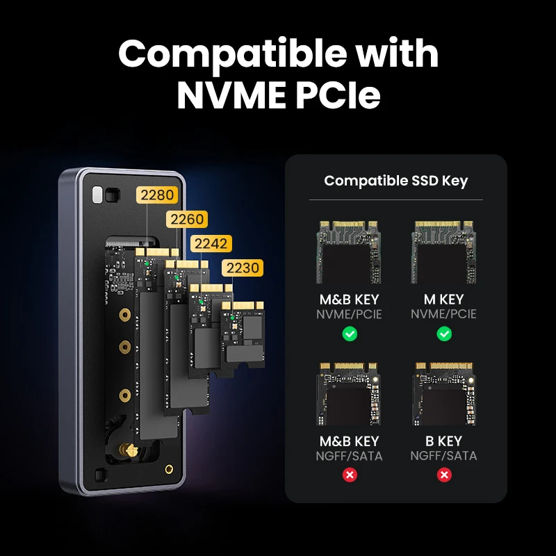 UGREEN 40Gbps NVMe SSD 케이스, SSD 인클로저, M.2 NVME PCIE용 어댑터, 내장 냉각 조끼, 알루미늄 케이스