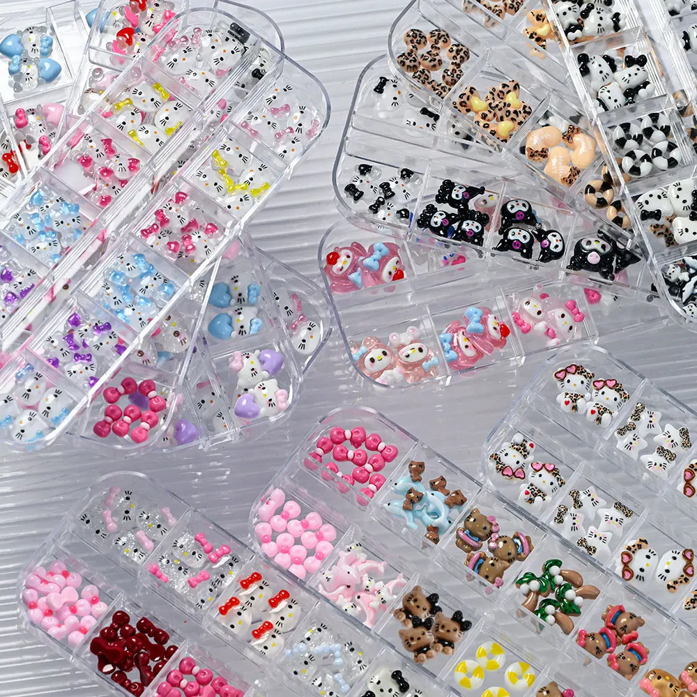 12 그리드 여름 검은 피부 헬로 키티 네일 매력 3D 핑크 리본 헬로 키티 네일 아트 라인 석 귀여운 만화 DIY 네일 액세서리