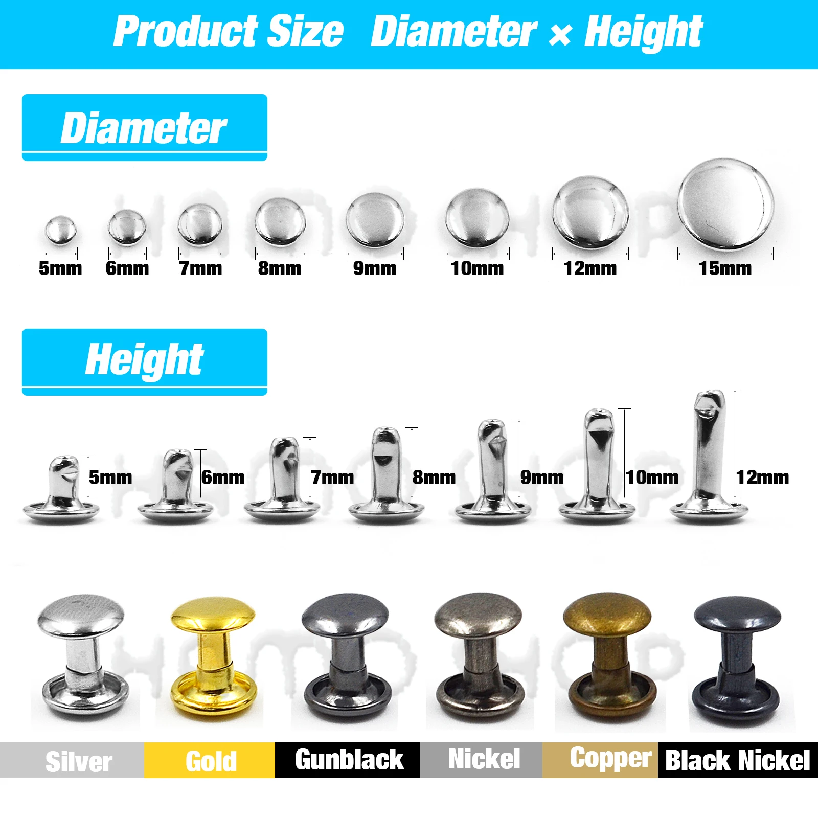 100 세트 5-15mm 금속 더블 캡 리벳 스터드 라운드 네일 리벳 Leathercraft 액세서리 수리 신발 가방 벨트 의류 의류