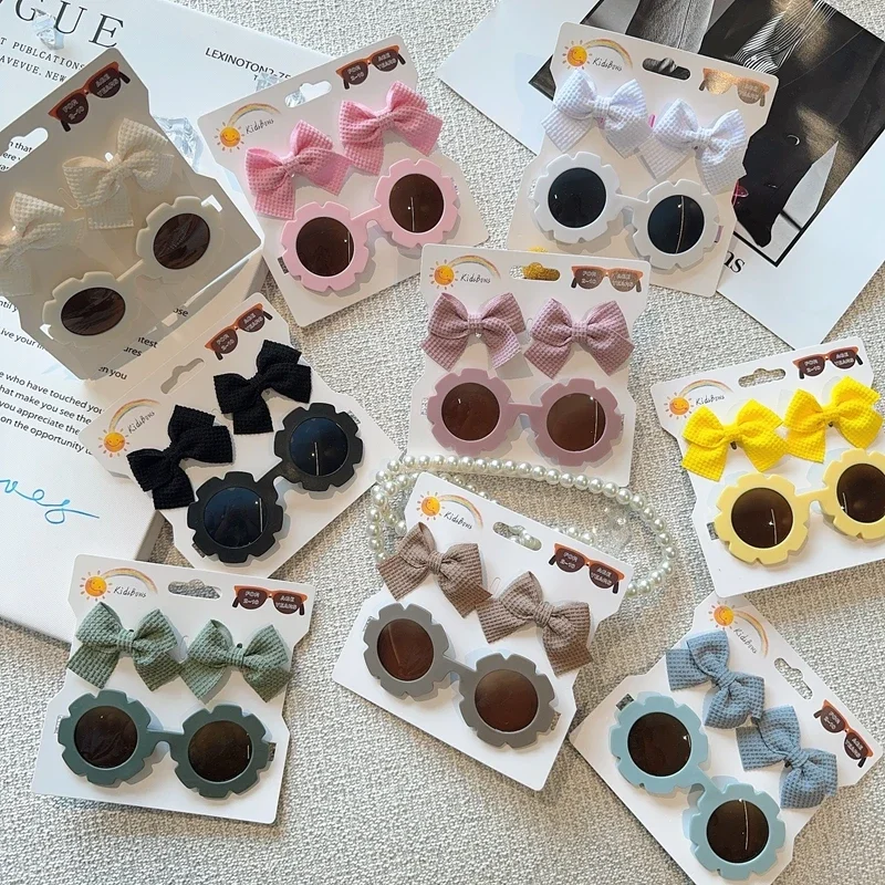 1 세트 어린이 모자를 쓰고 있죠 안경 솔리드 소프트 Bowknot 머리 밴드 소녀 레이스 자용 레트로 머리띠 선글라스 키즈 헤어 밴드 세트