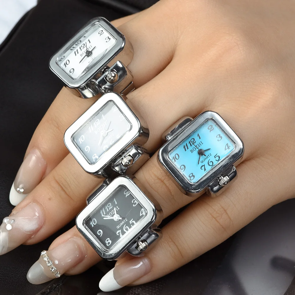 미니 빈티지 펑크 손가락 시계 반지 탄성 스트랩 합금 시계 커플 반지 보석 시계 레트로 로마 석영 여성 남성 시계