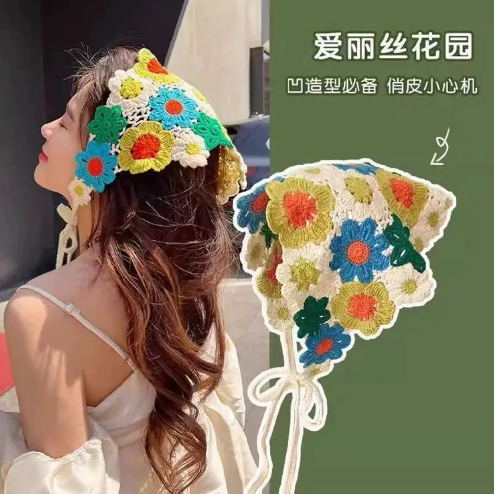 여자 여자 마름모 달콤한 귀여운 니트 삼각형 프랑스어 목가적 인 스타일 머리띠 꽃 Headscarf 해변 휴가 헤어 액세서리