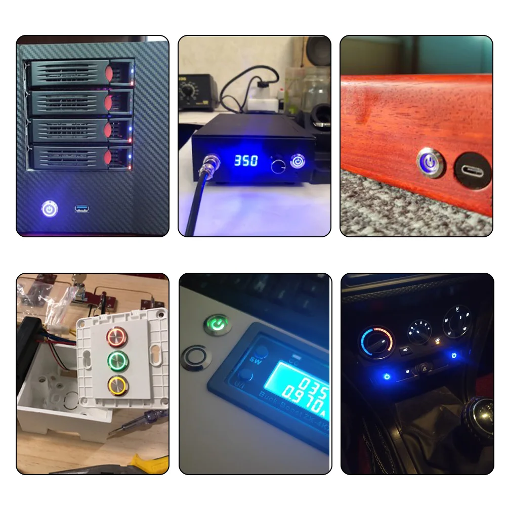 12 16 19 22 mm 금속 푸시 버튼 스위치(와이어 켜기 끄기 PC 전원 하이 헤드 12v 자동차 순간 래칭 고정 파란색 5V 220V)