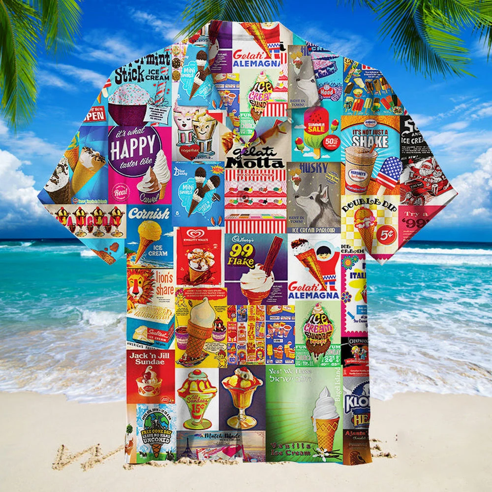 2024 남성용 하와이 셔츠 여름 아이스크림 티셔츠 비치 프린트 반팔 셔츠 탑 캐주얼 오리지널 디자인 남성 의류