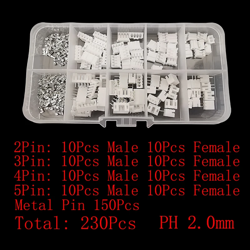 230 개/상자 JST PH 2.0mm / XH 2.54mm 피치 터미널 키트 2/3/4/5 핀 Male Female 플러그 플라스틱 하우징 헤더 압착 와이어 커넥터