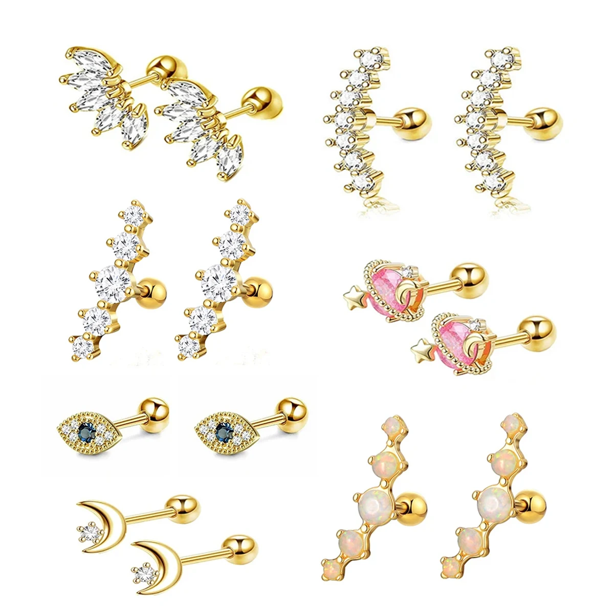 2pcs 저자 극성 스테인레스 스틸 연골 스터드 귀걸이, 눈 불꽃 문 바벨 백 스터드 큐빅 지르코니아 피어싱 쥬얼리