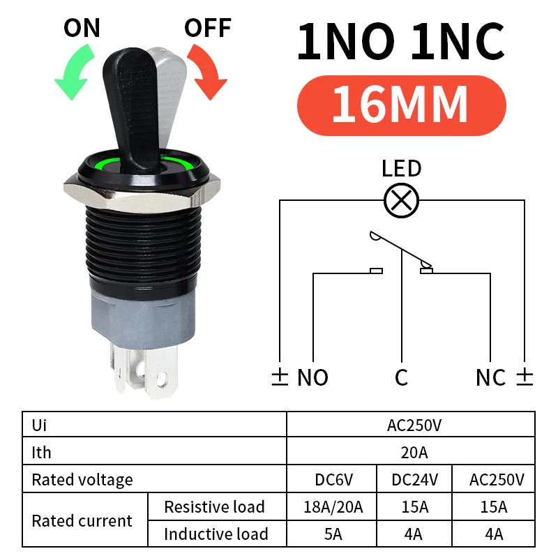 16MM 금속 토글 스위치 방수 LED 조명 자동 잠금 2 위치 On Off 마이크로 버튼 스위치 1NO1NC 15A 12V 220V 3pin/5pin