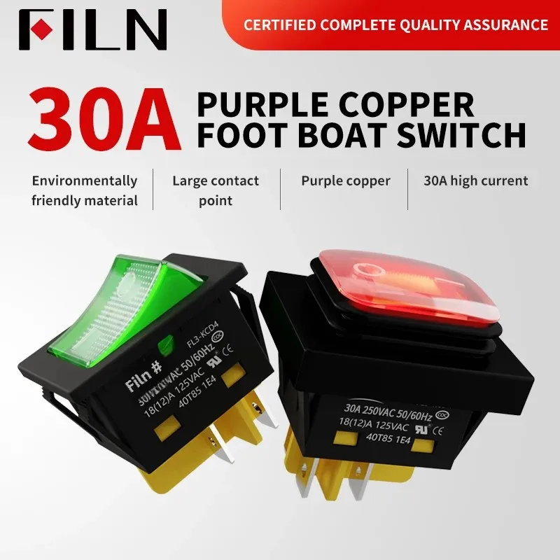 FILN 헤비 듀티 4 핀 DPST IP67 밀폐 방수 T85 자동 보트 마린 토글 로커 스위치, LED 포함, 30A, 250V, 12V, 220V, 30x22