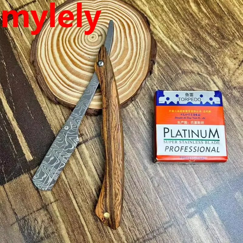 탠 우드 핸들 블레이드 면도기 전문 이발사 면도기 눈썹 면도기 남성용 교체 블레이드 면도기 남성용 선물