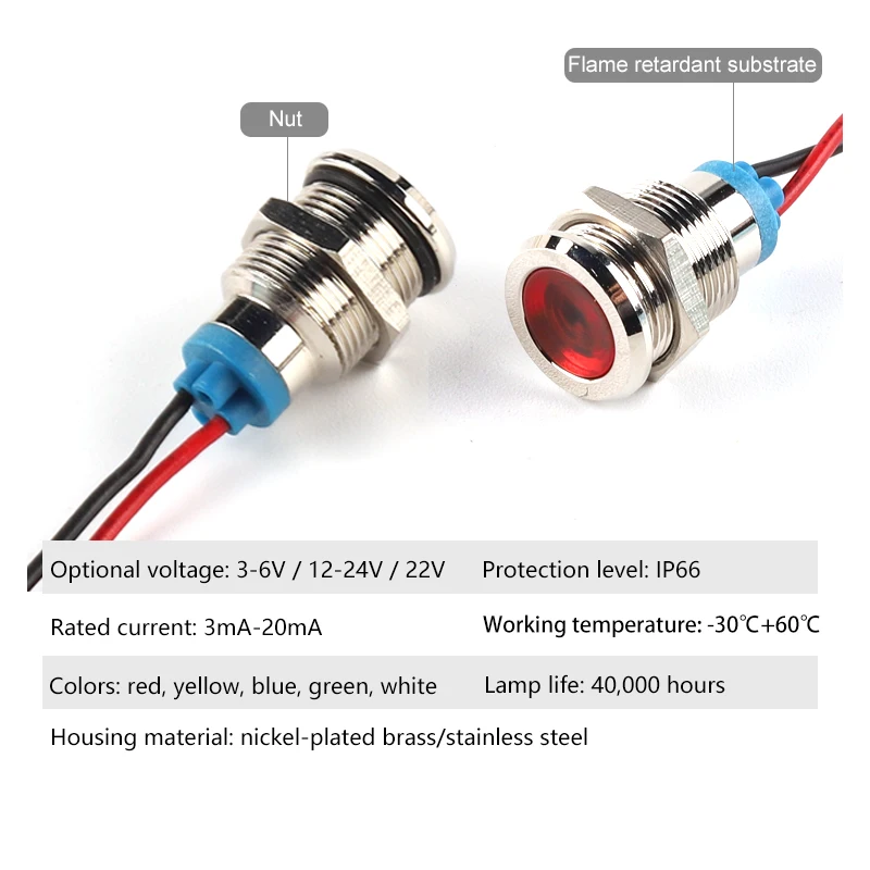 8mm LED 방수 금속 표시 등 신호 램프 와이어 3V 6V 12V 24V 110V 220V 빨간색/노란색/파란색/녹색/흰색