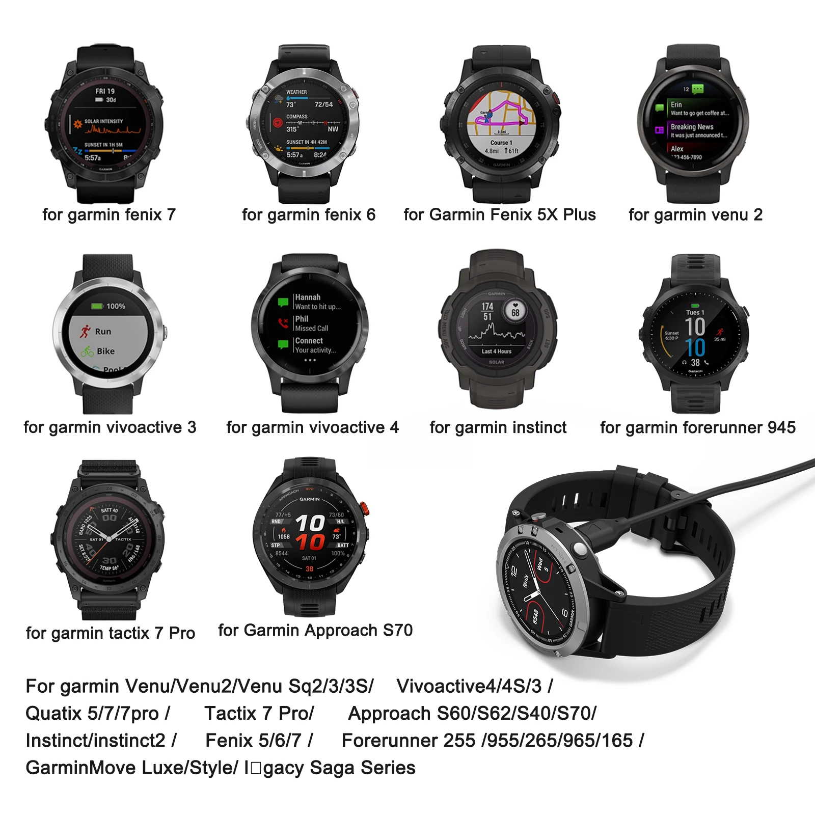 Garmin Venu2/VenuSq2/3/3S Fenix ​​5/6/7 Vivoactive4/4S/3 Forerunner 965/266용 고속 충전 코드용 C형 시계 충전기 케이블