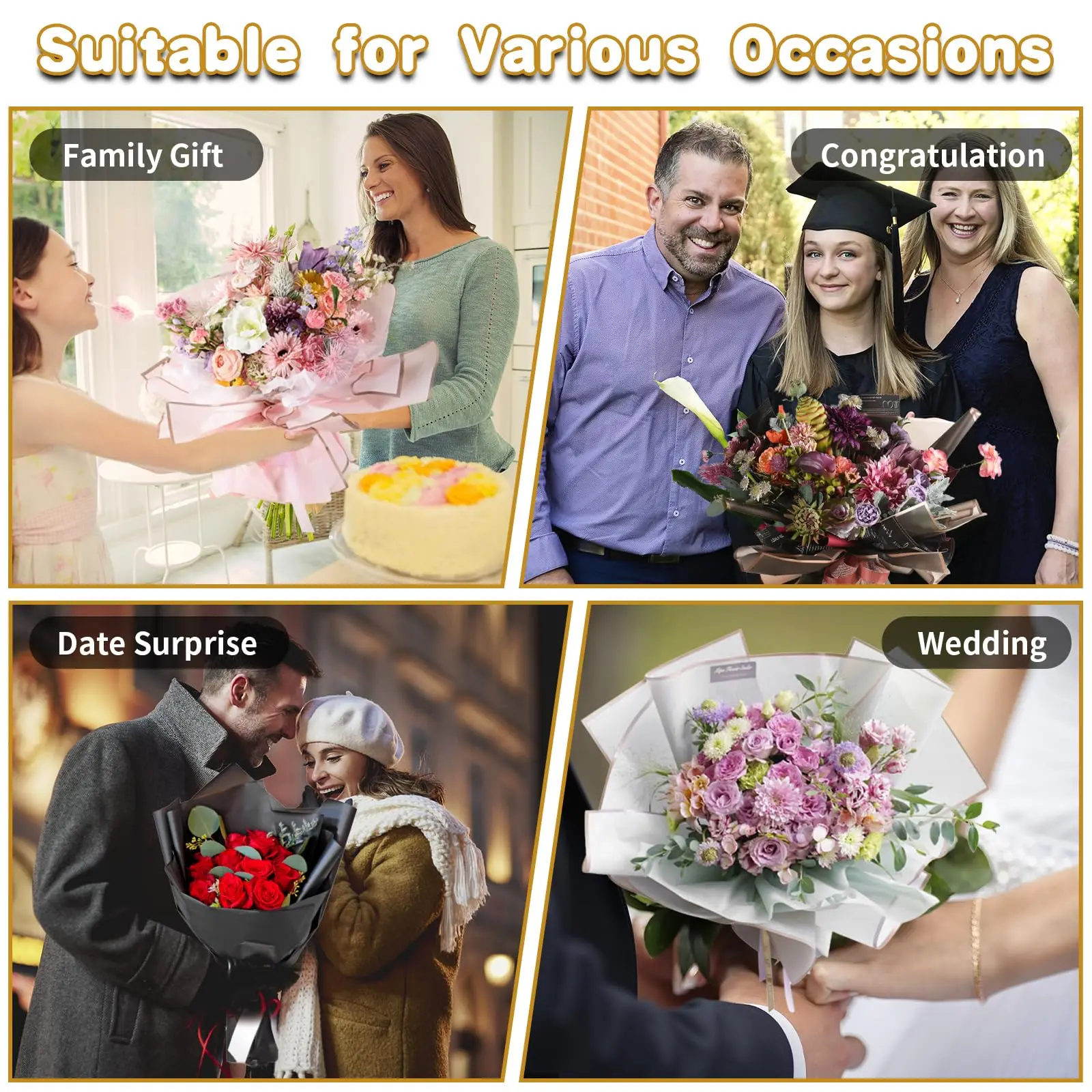 황금색 가장자리가 있는 검은 꽃 포장지 20장, 한국 꽃집 꽃다발 용품, 방수 포장, DIY Cr에 적합