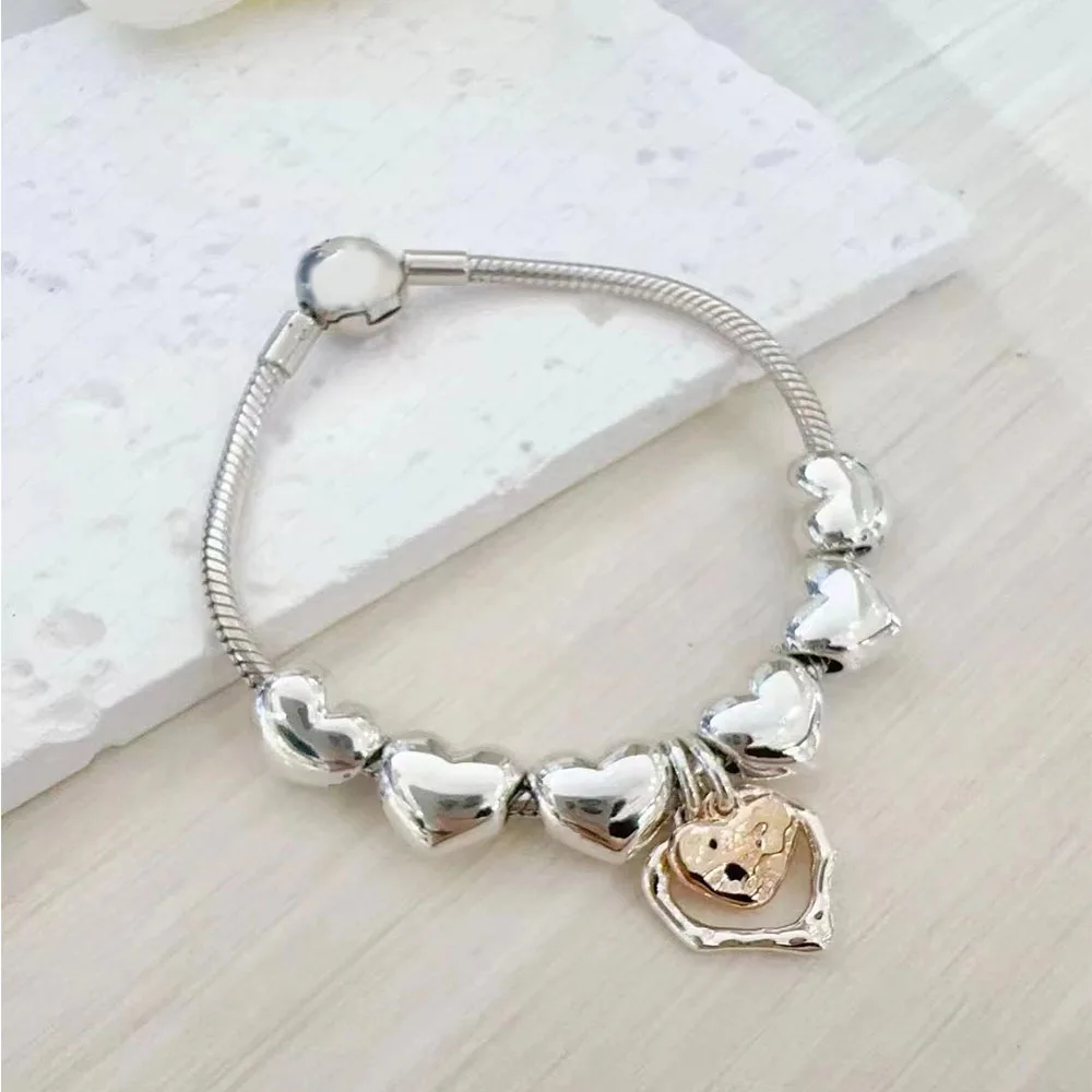 925 스털링 실버 사랑 조각 가능 & 멀티 컬러 하트 모양의 비즈 참 맞춤 브랜드 팔찌 클래식 쥬얼리