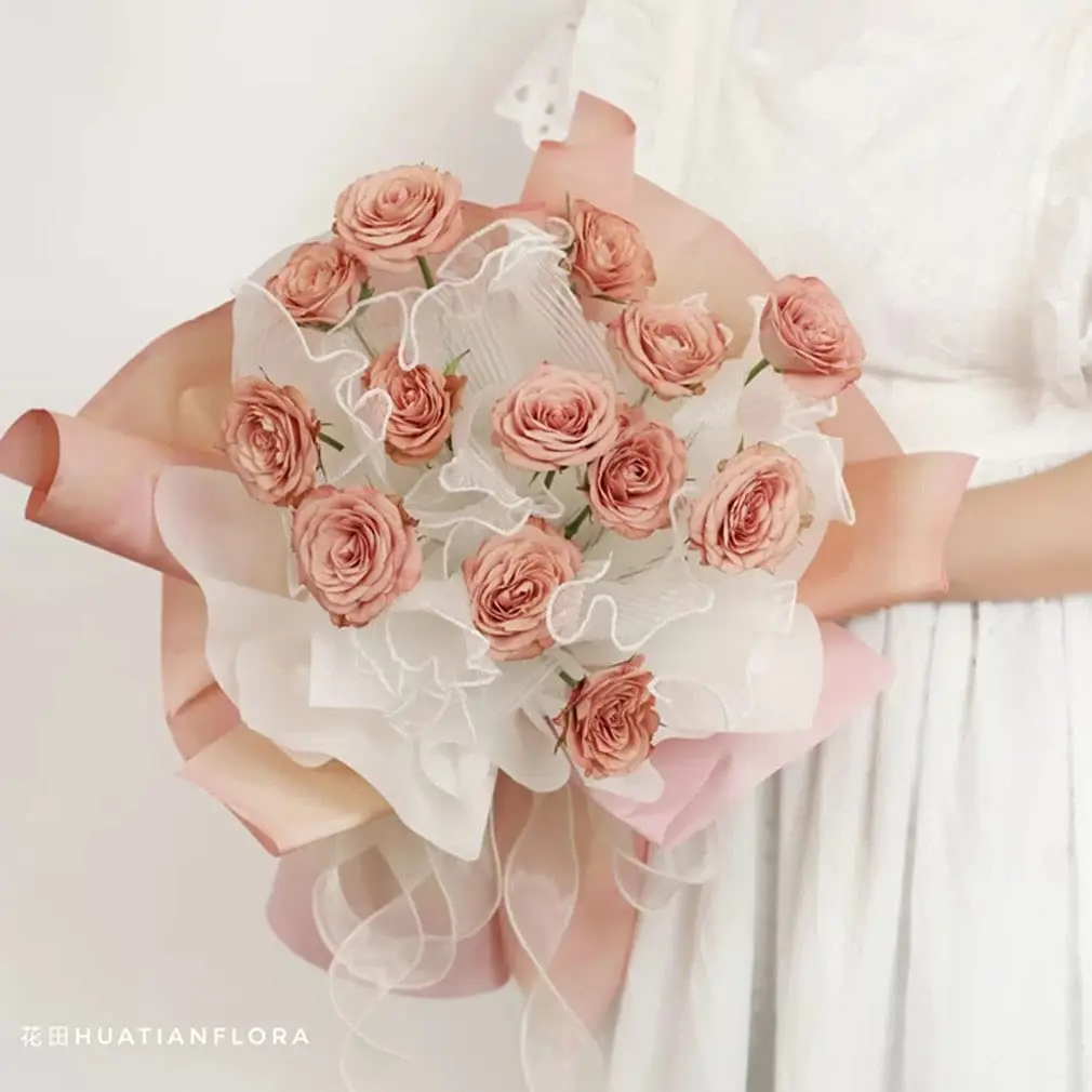 진주 가장자리 꽃다발 포장지, 메쉬 꽃 포장지, 꽃다발 포장 메쉬 종이, 주름진 웨이브 메쉬, 발렌타인 데이