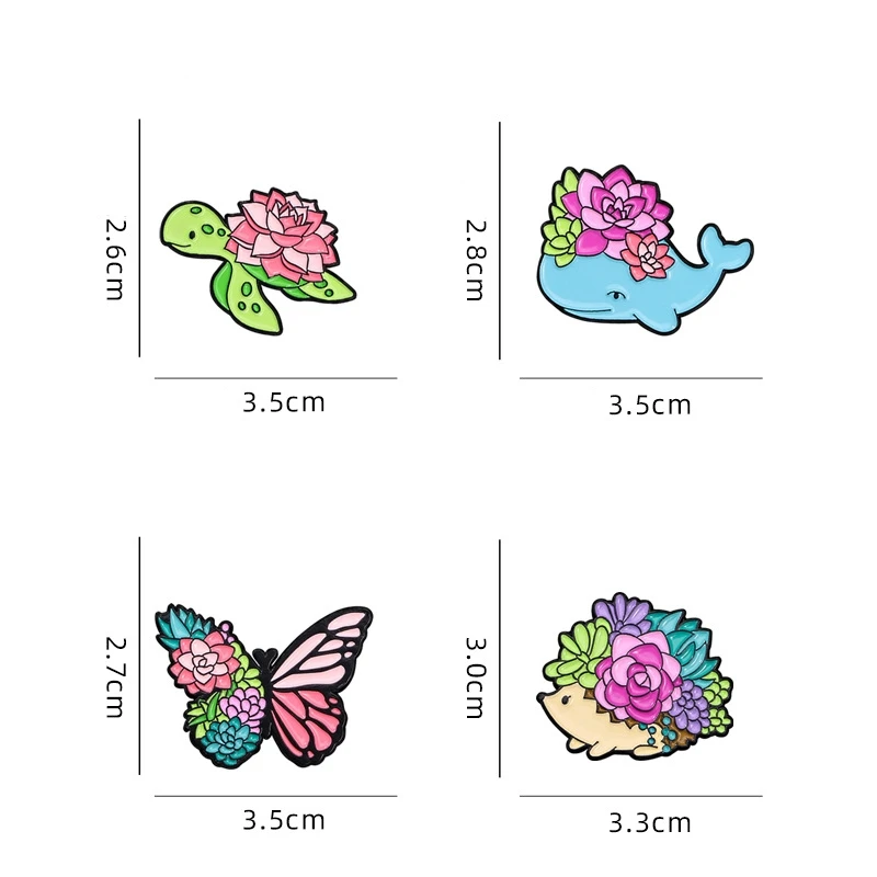 귀여운 즙이 많은 식물 에나멜 브로치 만화 다채로운 동물 나비 거북이 고슴도치 고래 배지 봄 여름 옷깃 핀