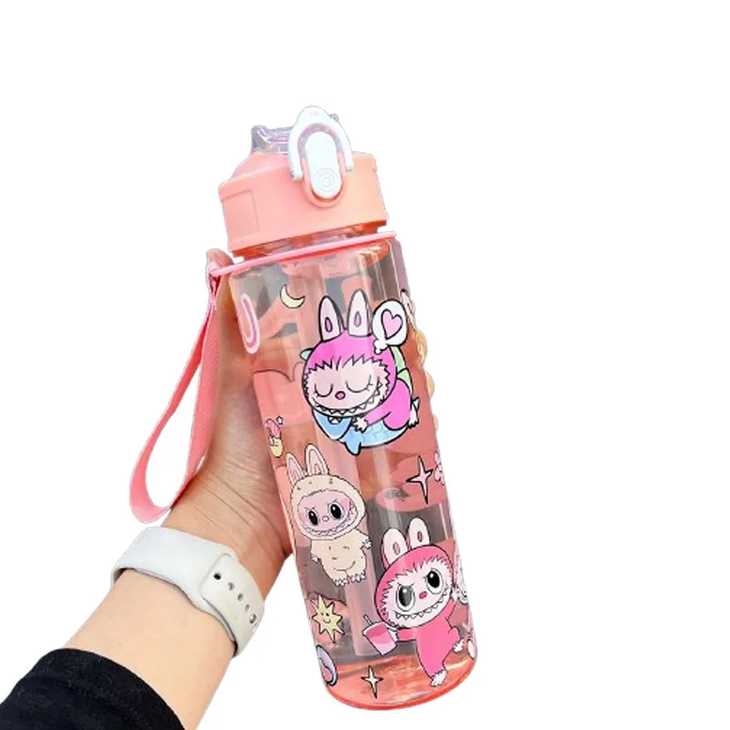700ml Lau Mug Kawaii (휴대용 스트랩이있는 누출 방지 플라스틱 빨대) 휴대용 야외 머그잔 학생을위한 어린이 날 선물