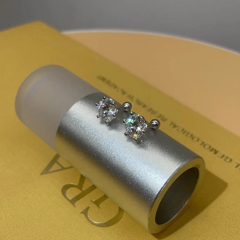 KNOBSPIN 여성용 모이사나이트 스터드 귀걸이, 18K 화이트 골드 도금 스털링 실버 D VVS1 라운드 컷 랩 다이아몬드 나사 이어 스터드
