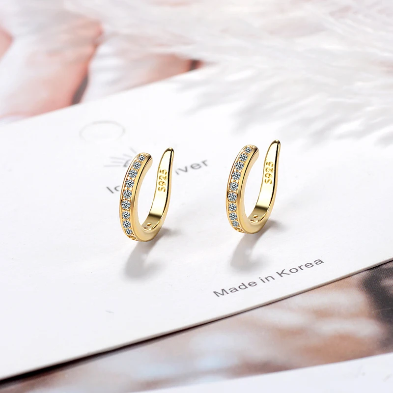 새로운 패션 파인 지르콘 925 스털링 실버 C 타입 클립 귀걸이 펑크 록 남여 라인 석 구멍 없음 귀 클립 귀걸이 쥬얼리