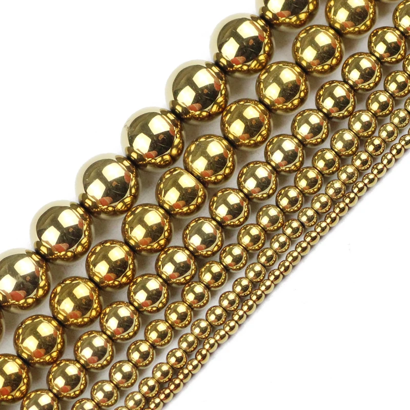 HGKLBB 라운드 적철광 비즈 천연석 2/3/4/6/8/10mm 골드 컬러 도금 루즈 비즈 쥬얼리 팔찌 DIY 액세서리 만들기