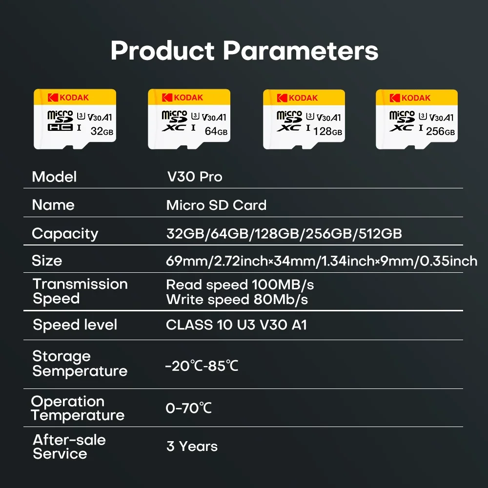 KODAK 미니 메모리 SD 카드 256GB 128GB 64GB 32GB U3 V30 4K 풀 HD 마이크로 TF 메모리 플래시 카드(전화/컴퓨터/카메라용)
