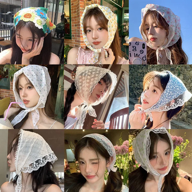 여자 여자 마름모 달콤한 귀여운 니트 삼각형 프랑스어 목가적 인 스타일 머리띠 꽃 Headscarf 해변 휴가 헤어 액세서리
