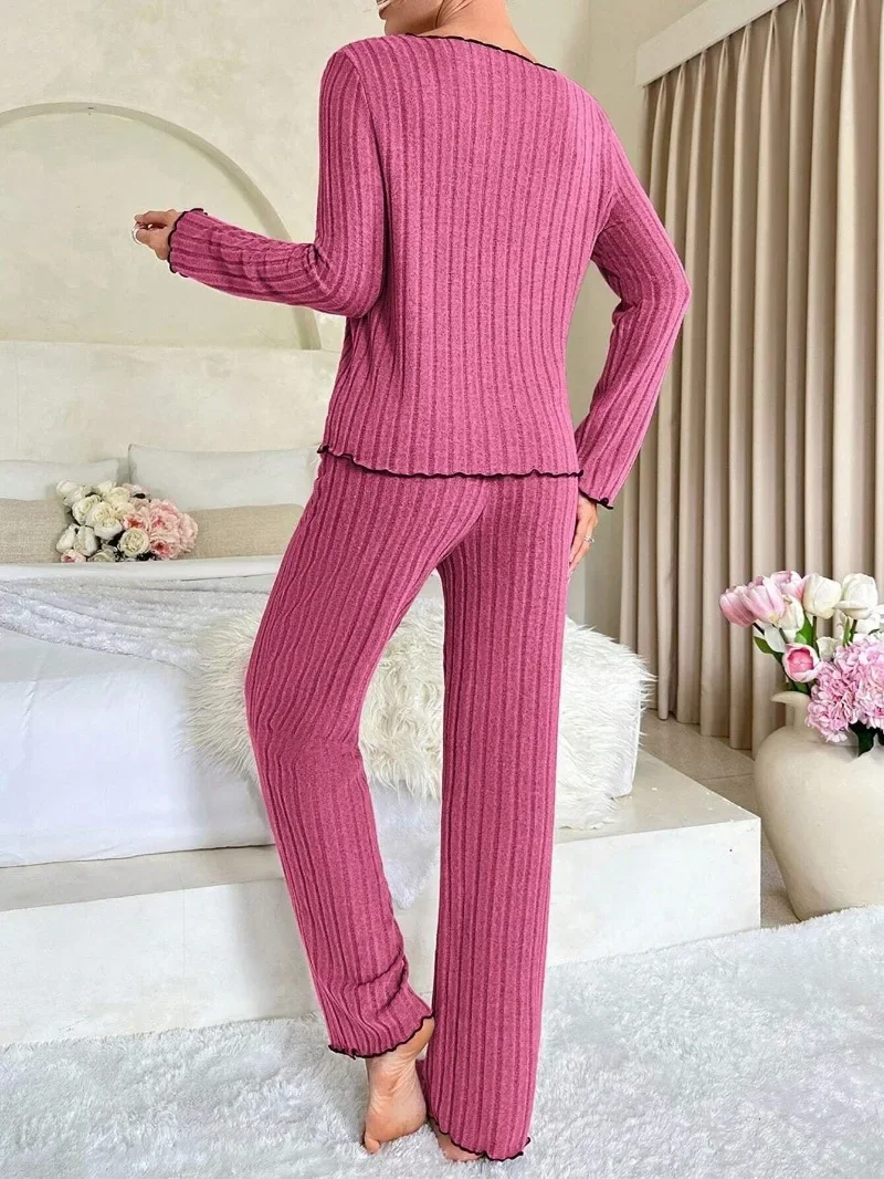 여성 가을 겨울 잠옷 늑골이있는 잠옷 세트 긴 소매 탑과 긴 바지 2 조각 세트 캐주얼 Homewear Loungewear