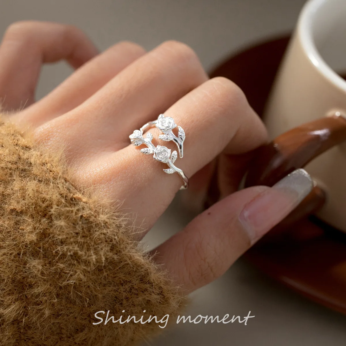 925 스털링 실버 장미 지점 ​ 여성을위한 조절 가능한 반지 약혼 결혼식 여성 럭셔리 주얼리 액세서리 보석