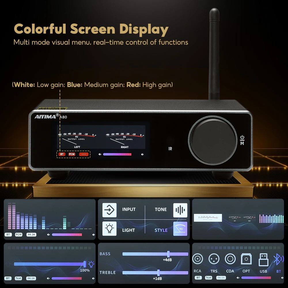 AIYIMA A80 TPA3255 DAC 블루투스 PFFB 스테레오 전력 증폭기, 300W x 2 클래스 D 2.0 HiRes 디지털 앰프, RCA TRS OPT COA USB 입력 포함