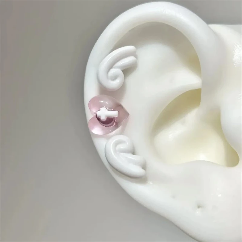 달콤한 천사의 날개 스테인레스 스틸 귀 뼈 손톱 여성을위한 귀여운 아크릴 러브 하트 크로스 귀걸이 바디 펑크 액세서리