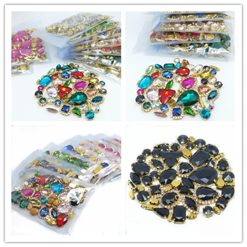 22 색상 50 개/가방 반짝이 혼합 모양 유리 라인 석 골드 클로 크리스탈 버클에 바느질 Diy 웨딩 장식 액세서리