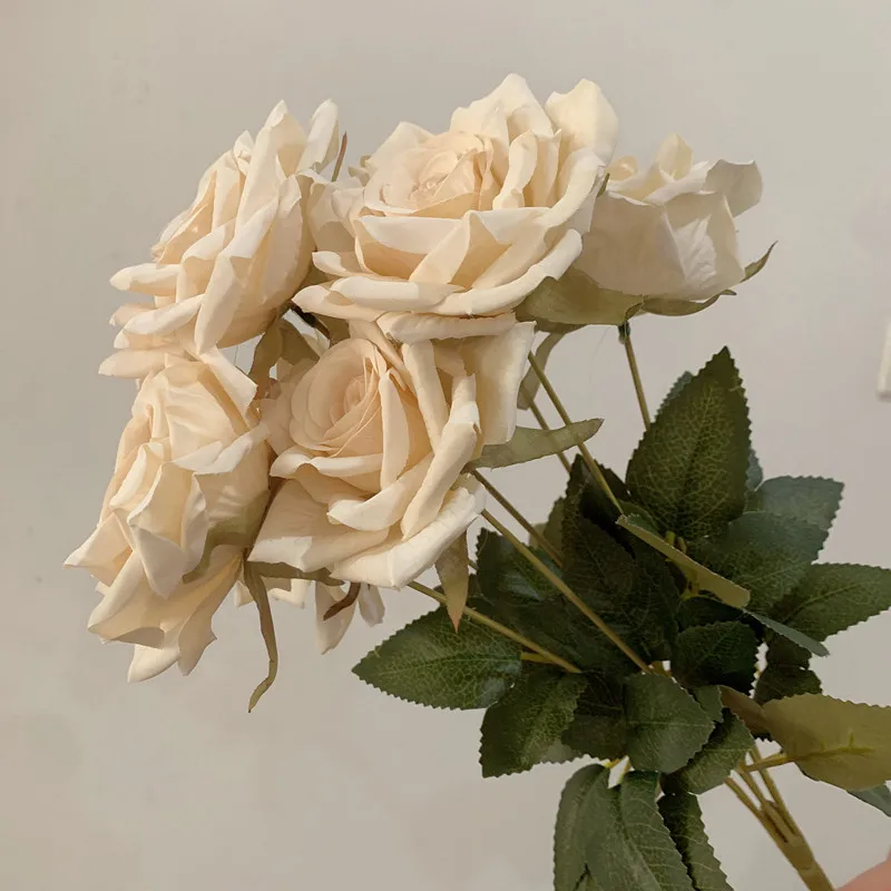 7 머리 장미 꽃다발 인공 꽃 베이지 아이보리 빈티지 로즈 거실 마른 꽃 장식 결혼식