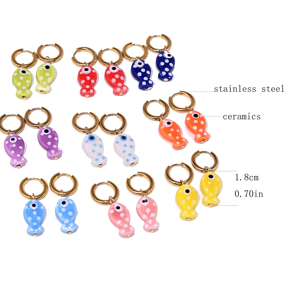 여성용 세라믹 물고기 펜던트, 황금 스테인레스 스틸 후프 귀걸이, 이어 버클 쥬얼리 액세서리, 패션