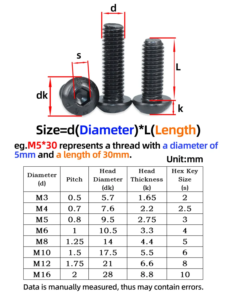 2510p 육각 육각형 소켓 버튼 헤드 나사 키트 M2 M2.5 M3 M4 M5 M6 검정색 10.9 등급 알렌 나사 너트 와셔가 있는 볼트 ISO7380