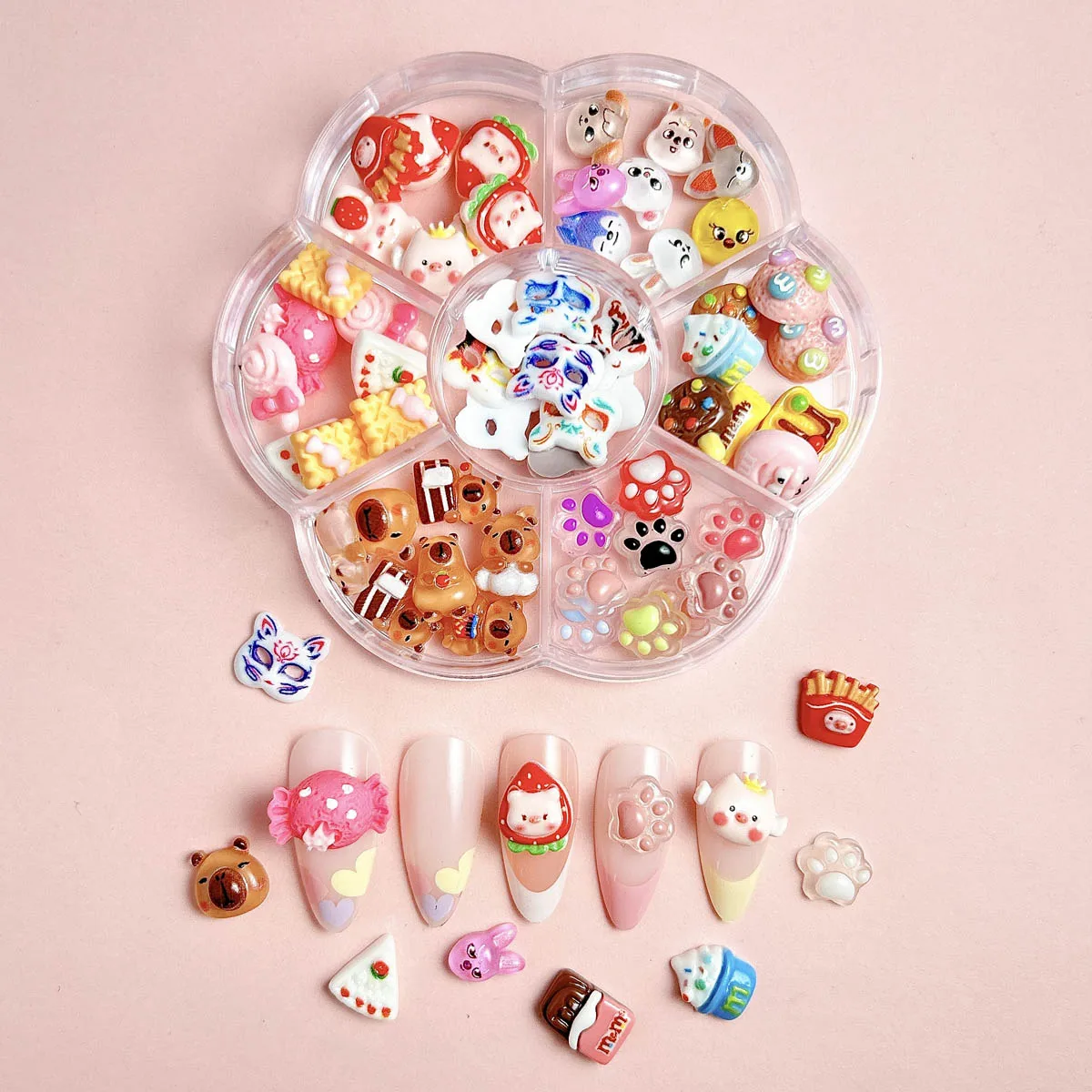 1 상자 혼합 귀여운 시뮬레이션 디저트 캔디 나비 네일 아트 장식 3D 수지 만화 고양이 물고기 곰 네일 참 용품