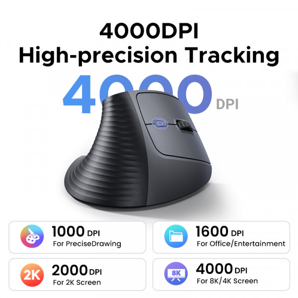 UGREEN 맥북 태블릿 노트북용 수직 무선 마우스, 인체 공학적 4000DPI 6 음소거 버튼, 컴퓨터 PC 마우스, 블랙 핑크, 2.4G