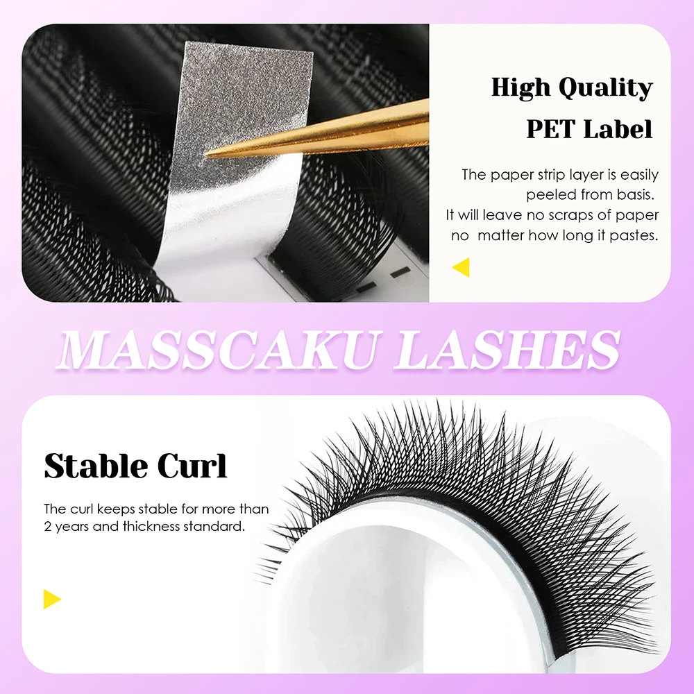 MASSCAKU U 모양 YY 가짜 속눈썹 8-15mm 믹스 C D 컬 더블 팁 속눈썹 확장 Hand-wen 개별 속눈썹 도매