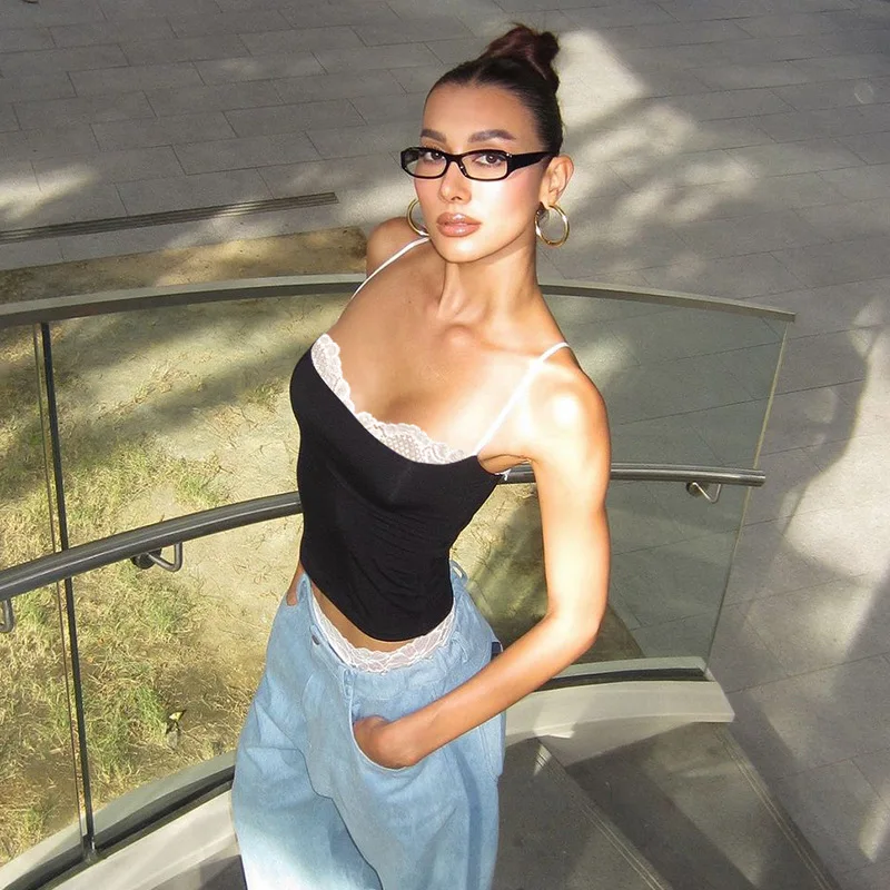 암호 레이스 트림 캐미솔 상의, 클럽 파티 의상, 백리스 스트리트웨어, 민소매 크롭탑, 코케트 의류, 여름
