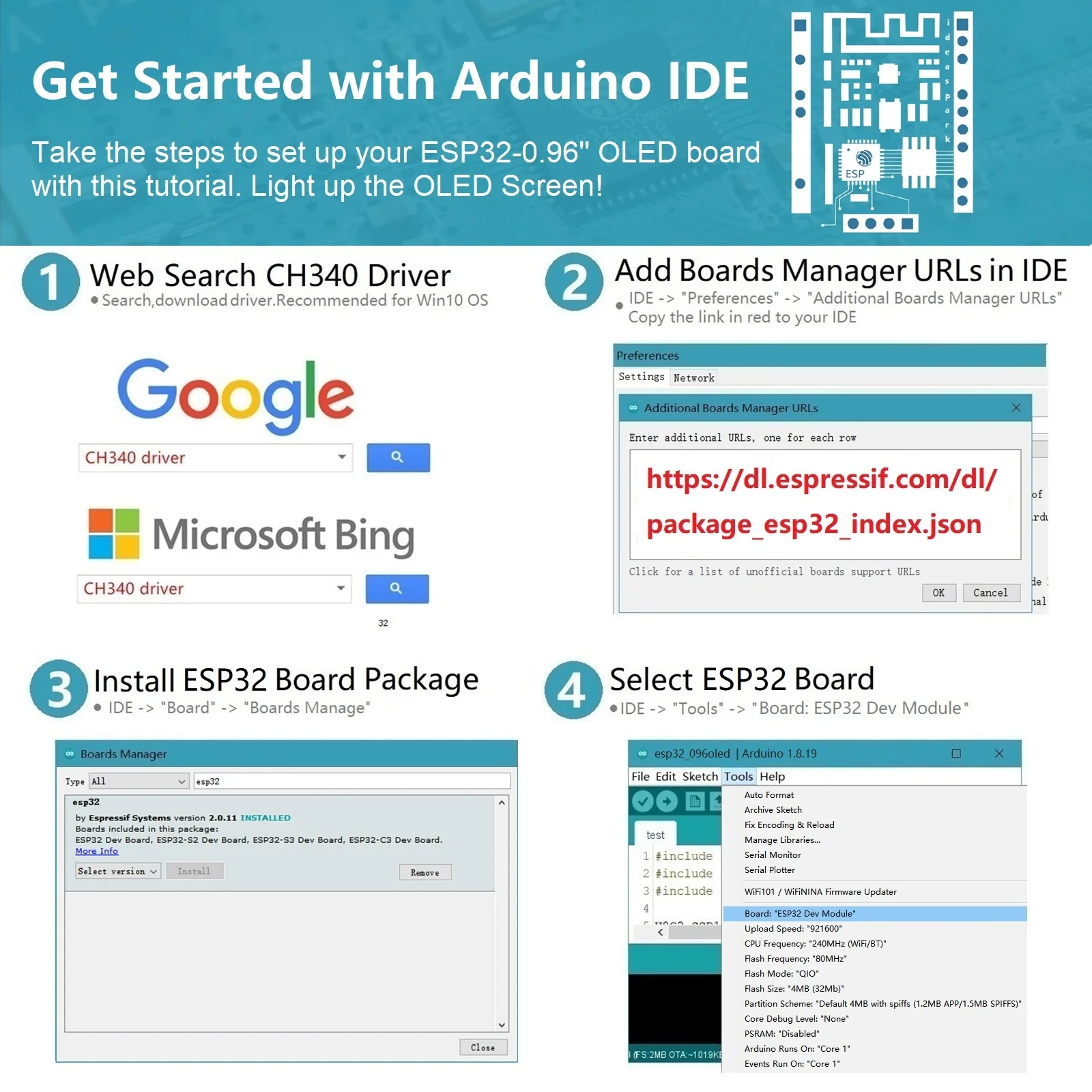 아이디어스파크 ®   0.96인치 OLED 디스플레이, CH340, WiFi+BLE 무선 모듈, Arduino/Micropython용 마이크로 USB를 갖춘 ESP32 개발 보드