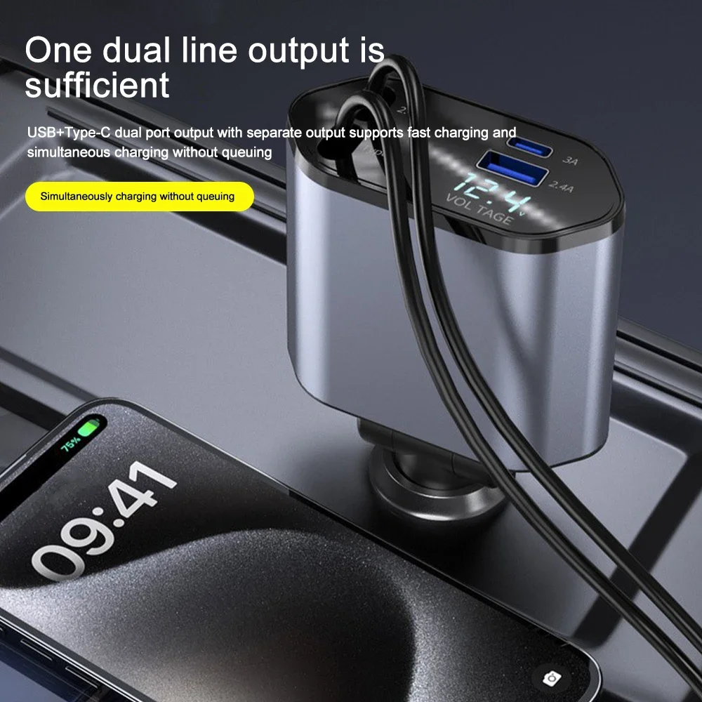 차량용 충전기 어댑터 120W 고속 충전 USB 유형 C 고속 충전기 케이블(접이식 코드 포함) iPhone 16/15/14/13/12 Samsung에 적합