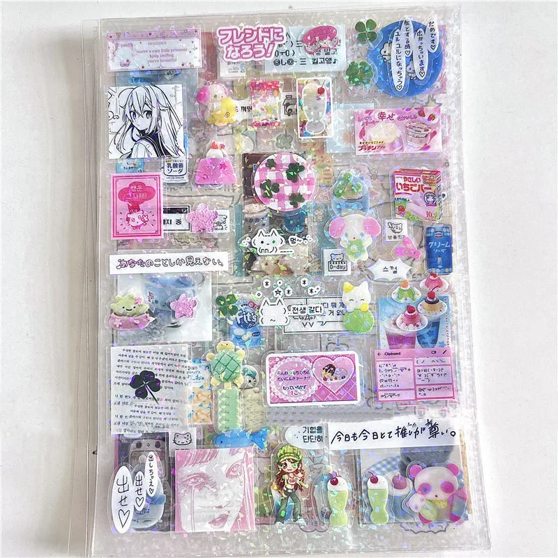 6pcs 반짝이 스티커 Y2K DIY Toploader Scrapbooking 저널 장식 스티커 전화 Kawaii 투명 애완 동물 스티커 선물
