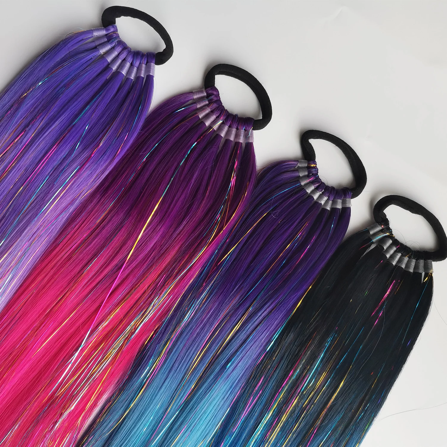 퍼플 레드 핑크 틴셀 포니테일 익스텐션, 탄성 헤어 타이, 합성 브레이드 헤어, 어린이용 크레이지 헤어, 날 브레이브 헤어