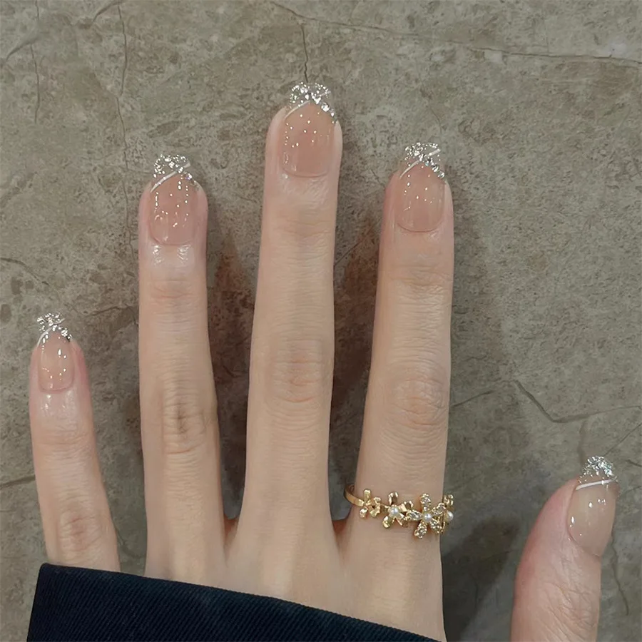 24Pcs 핑크 고양이 블루 사랑 거짓 손톱에 귀여운 짧은 발레 프레스 달콤한 프랑스 고양이 눈 활 스타 디자인 스타일 분리형 손톱 세트