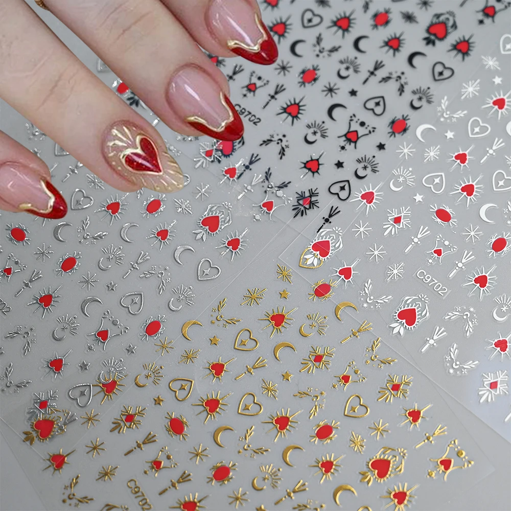 1pcs 3D 브론 징 골드 러브 하트 네일 아트 스티커 Y2K 홀로그램 별 태양 슬라이더 별빛 DIY 데칼 매니큐어 장식