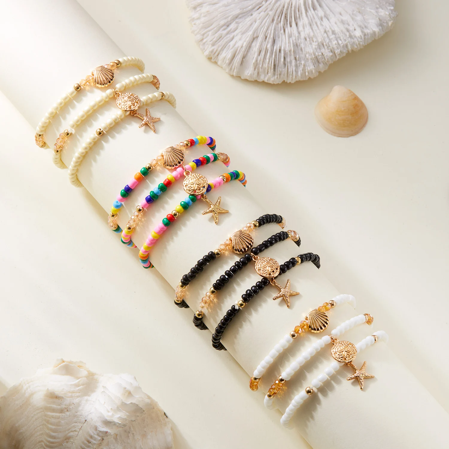 여성을위한 다층 불가사리 모조 진주 구두 다리에 조가비 거북이 폴리머 클레이 비즈 팔찌 행운의 악마의 눈 보석