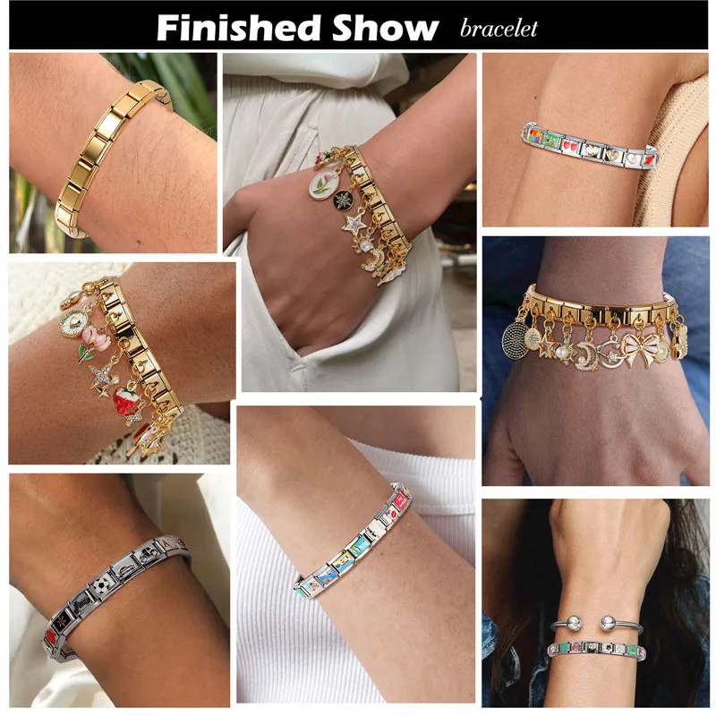 체커보드 팬더 코끼리 참 이탈리아 링크, 스테인레스 스틸 팔찌, DIY 쥬얼리 만들기, 패션 참 팔찌, 9mm