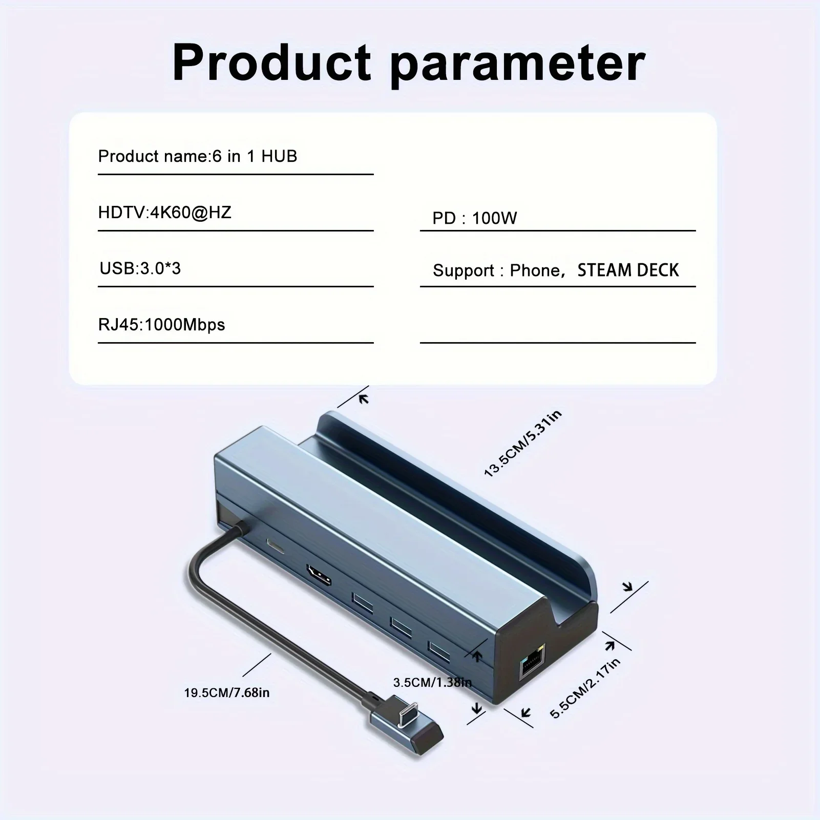 스팀덱 도크 6 in 1 스팀덱 Rog Ally 도킹 스테이션 스탠드 3개 USB 3.0 HDTV 4K@60Hz 기가비트 이더넷 PD 100W 허브