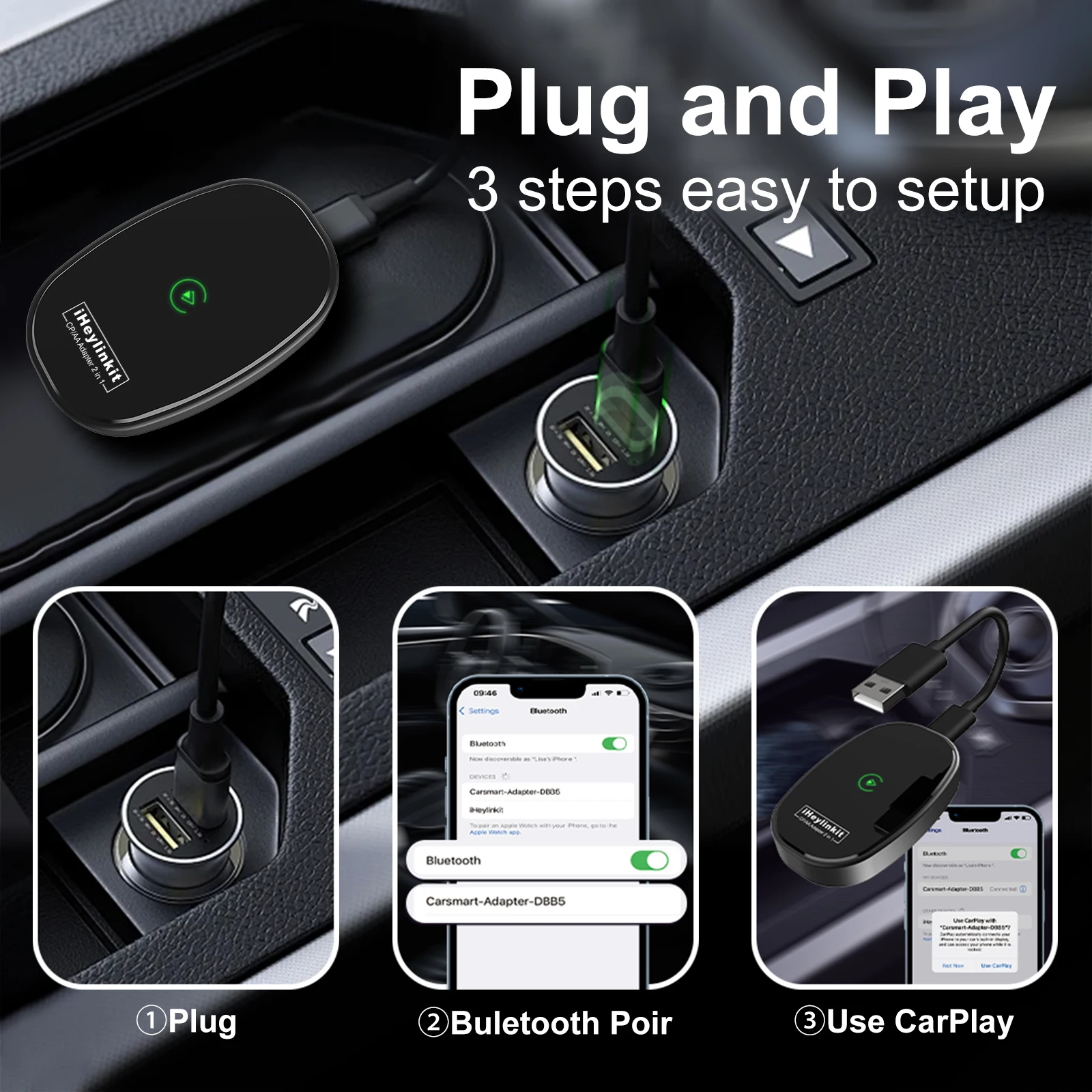 IHeylinkit 무선 Carplay 안드로이드 자동 무선 어댑터 동글 활성제 대부분의 차량 모델에 대한 자동 연결 아연 합금 쉘